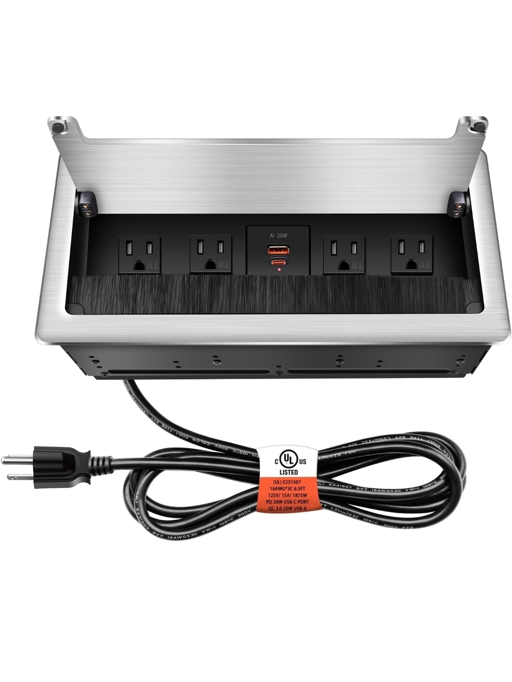 Flush-Mount Desk Power Hub with USB-C and AC Outlets -‎ Silver